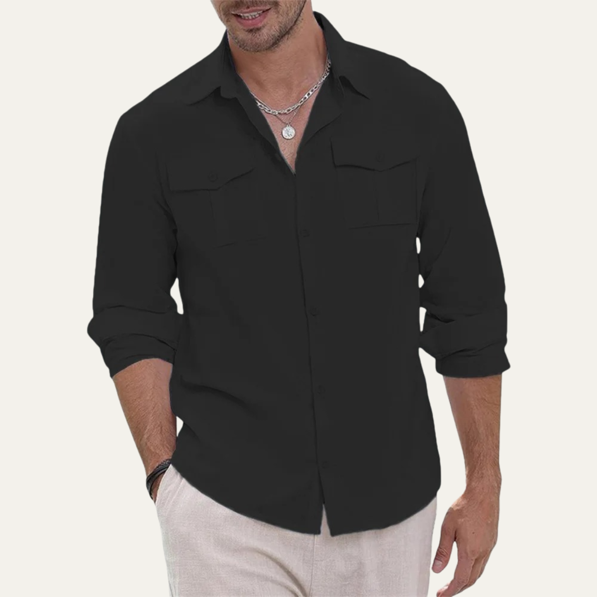 Grosseto Men's Cotton Linen Cargo Shirt Double Pocket