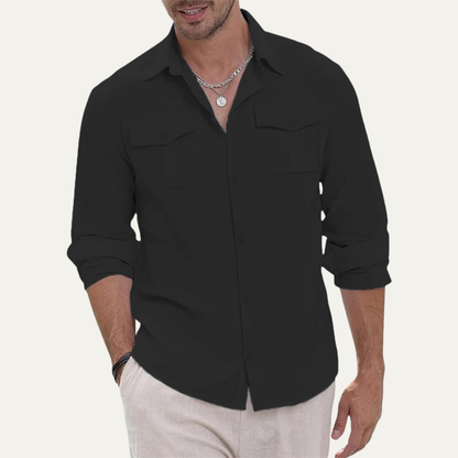 Grosseto Men's Cotton Linen Cargo Shirt Double Pocket