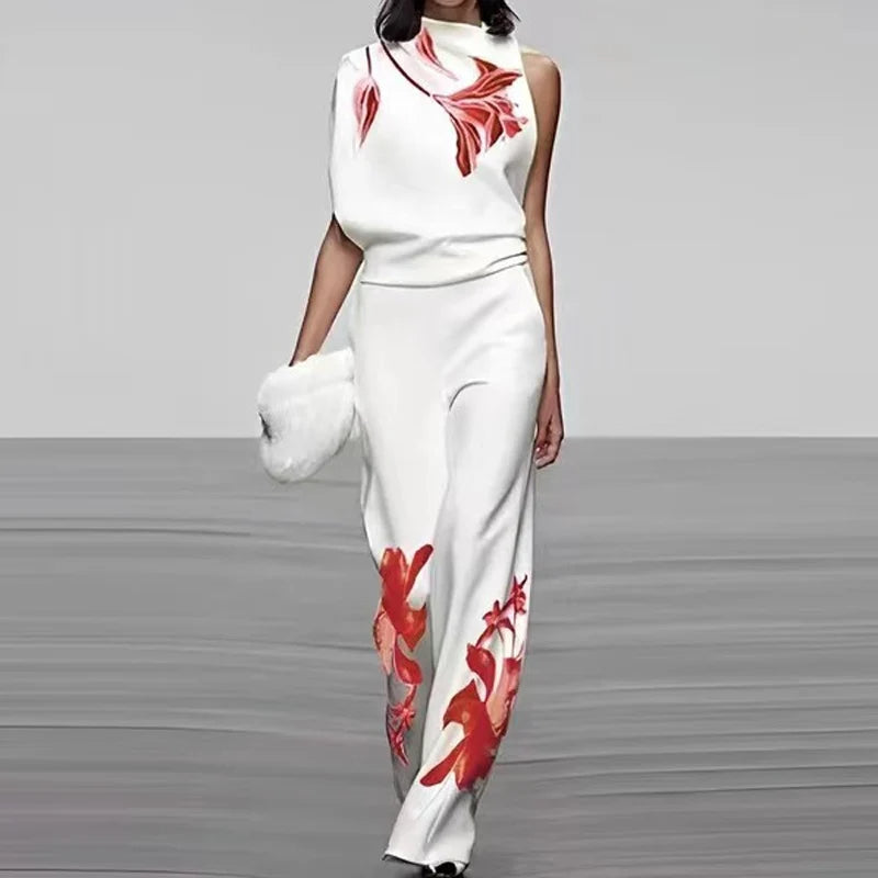 Women's Sleeveless Two Piece Printed Set High Collar