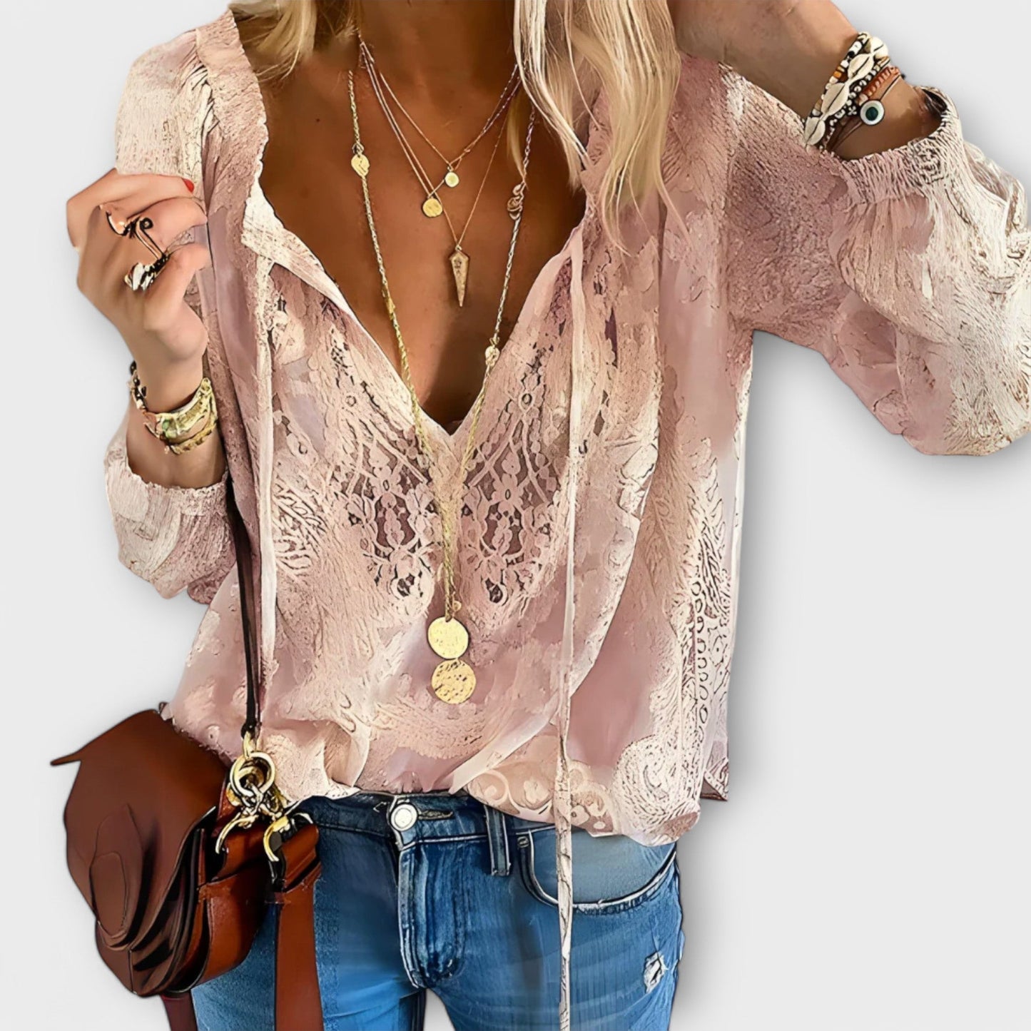 Women's Lace V-Neck Long Sleeve Boho Blouse