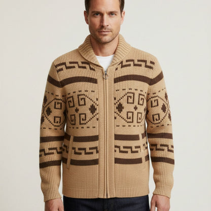 Men's Vintage Knit Cardigan Shawl Collar Thick Wool Beige