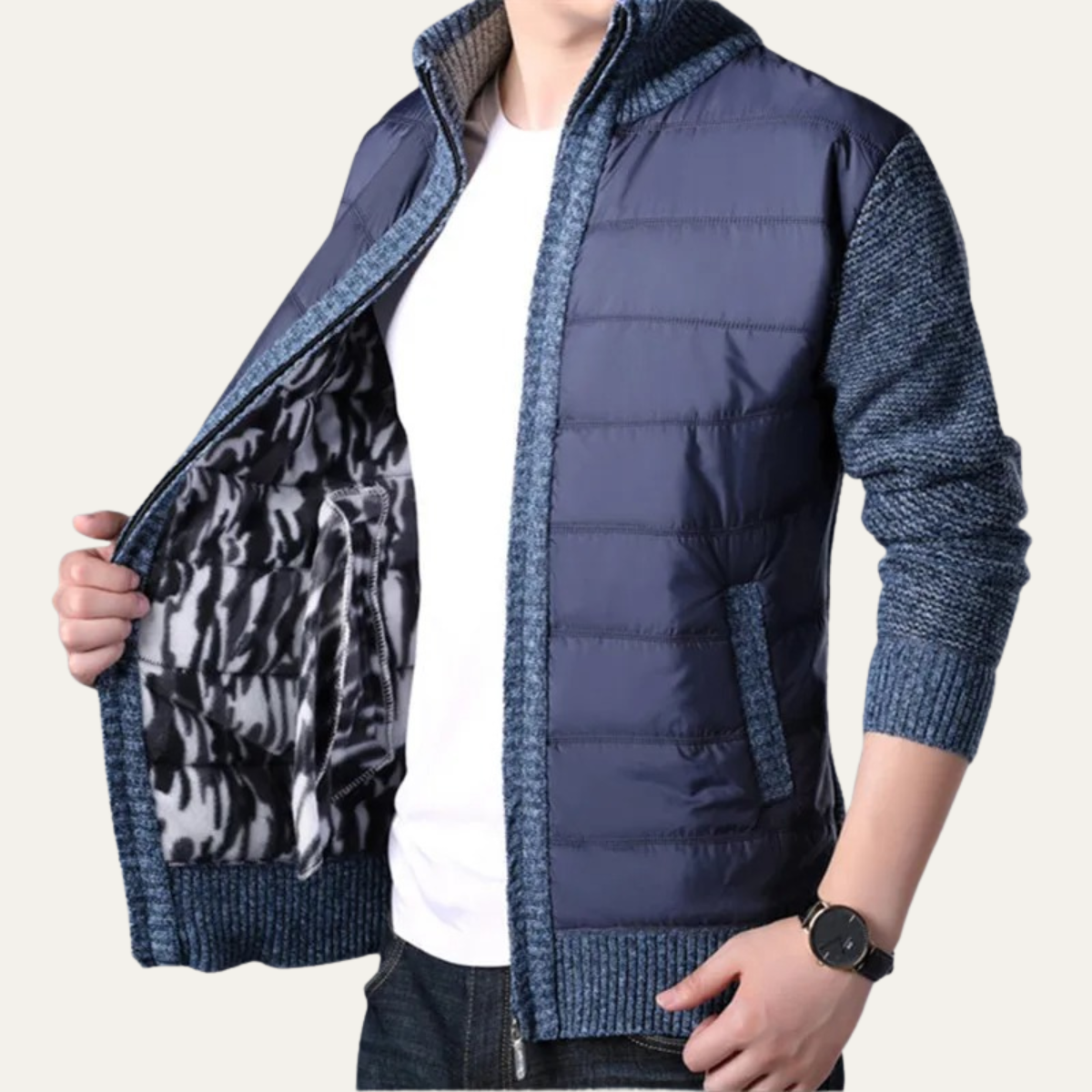 Men's Winter Puffer Jacket Knit Sleeve Zip Up