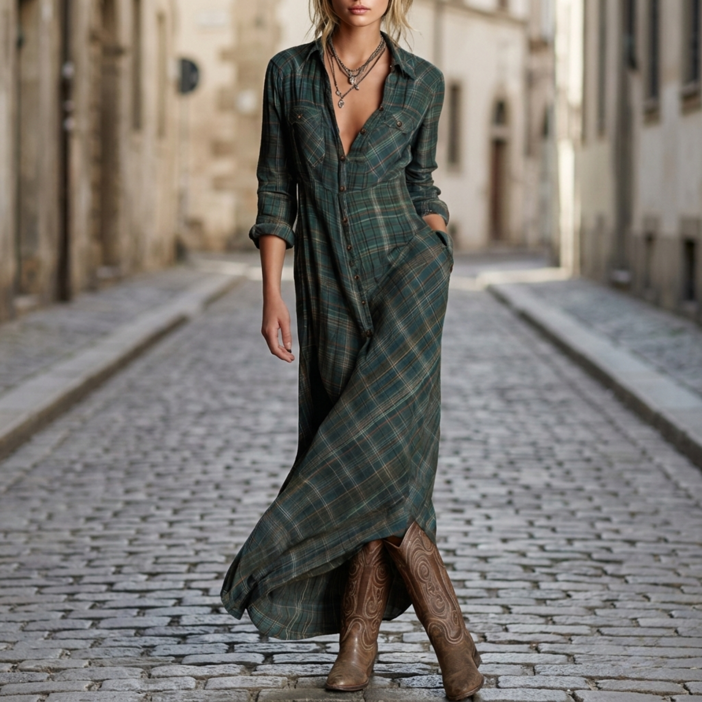 Maxi Shirt Dress Women Plaid Long Sleeve