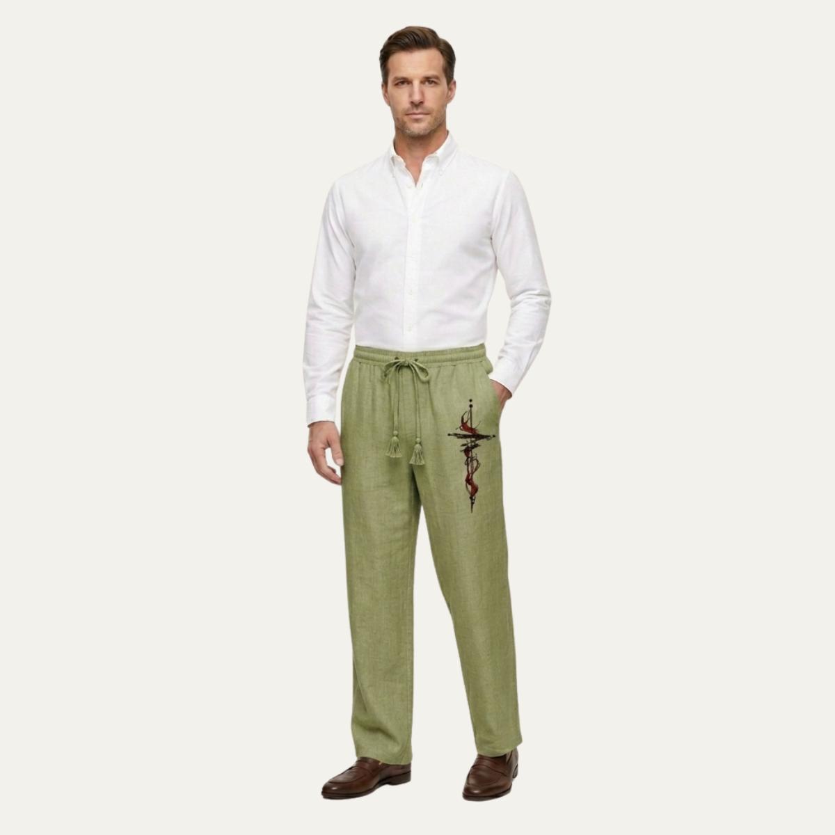 Men's Linen Wide Leg Pants Lightweight Relaxed Fit Beige