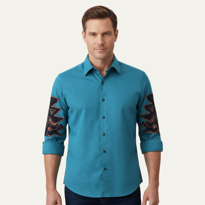 Men's Western Denim Shirt Two Tone Patchwork Blue