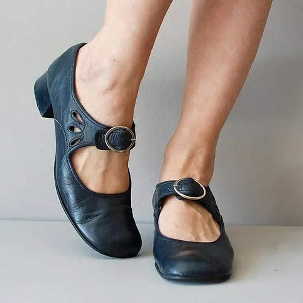 Women's Leather Low Heel Shoes Classic Black - VibreMode