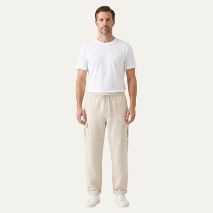 Men's Cotton Linen Cargo Pants Loose Fit Multi Pocket