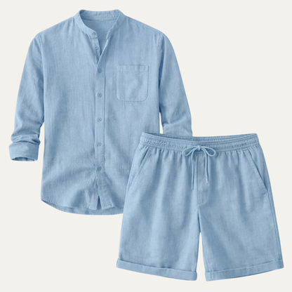 Men's Cotton Linen Shirt And Shorts Set