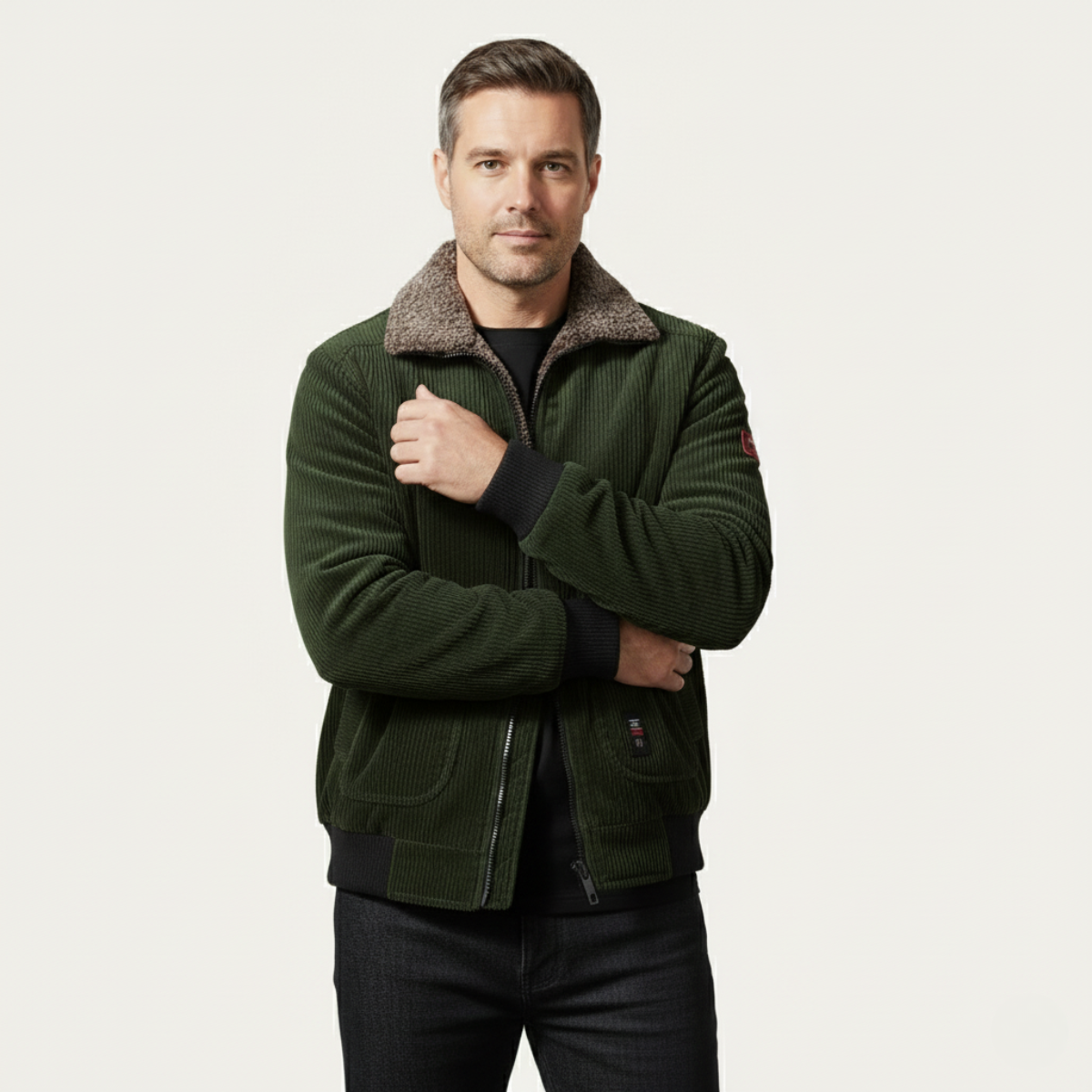 Men's Corduroy Jacket Fleece Lined Fur Collar Zip Up Coat