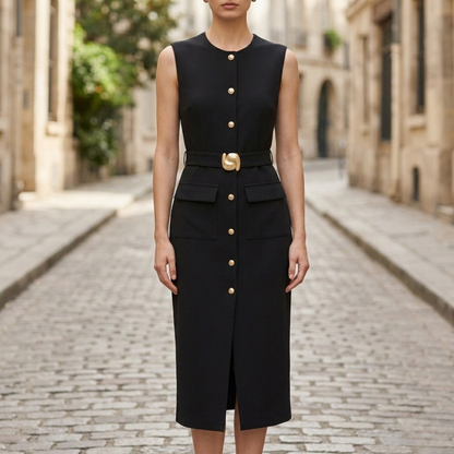 Sleeveless Button Front Belted Midi Dress Women