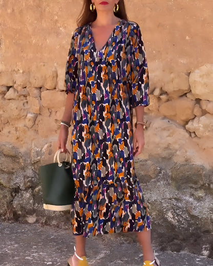 Women's V Neck Flowy Printed Dress Tummy Control Evening
