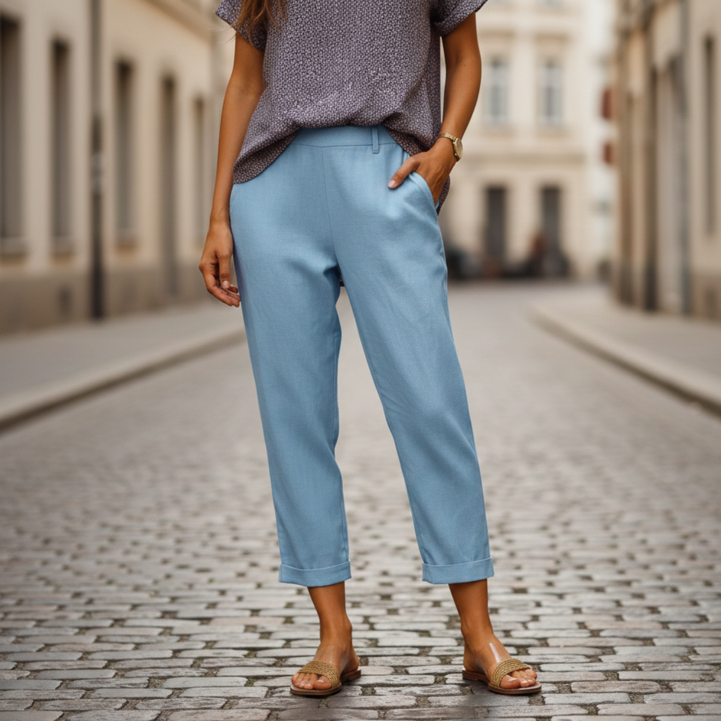 Women’s Cropped Straight High Waist Casual Trousers
