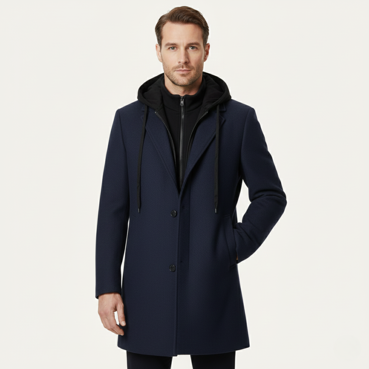Men's Wool Overcoat Hooded Quilted Lining