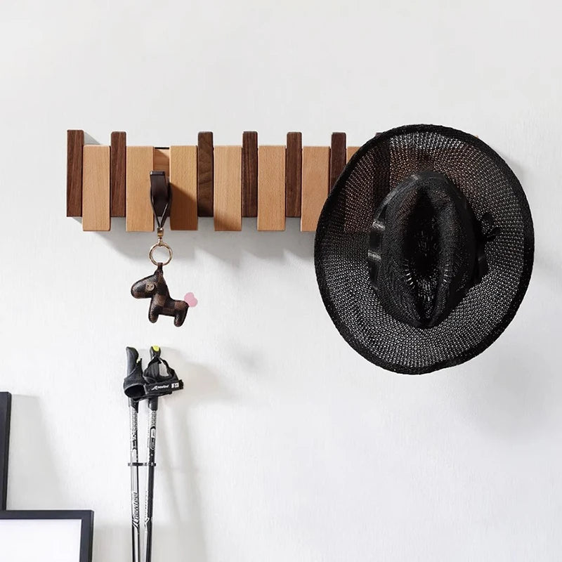 Wooden Wall Coat Rack With Folding Hooks