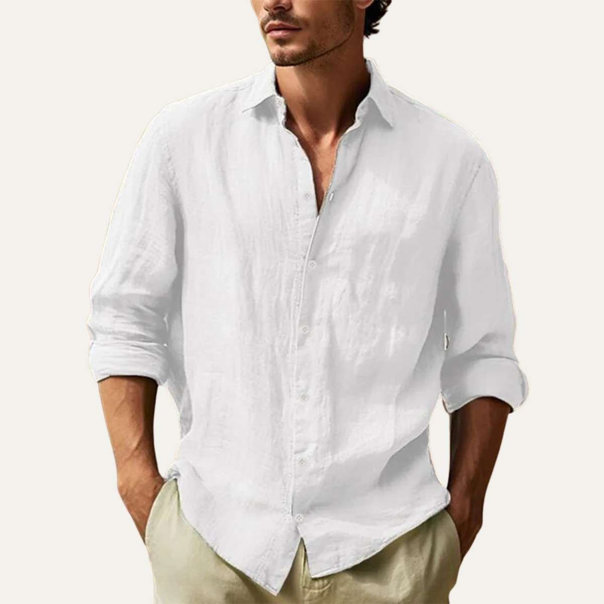 Men's Linen Shirt Lightweight Turn Down Collar Beige
