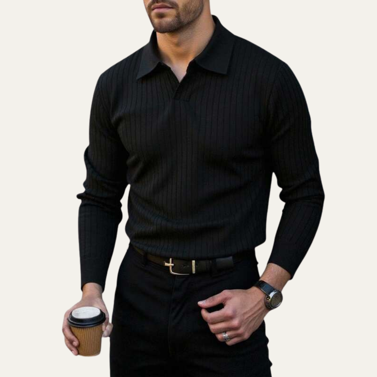 Men's Long Sleeve Polo Shirt Ribbed Knit