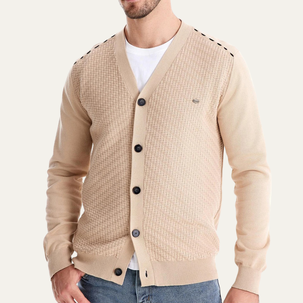 Men's Textured Knit V Neck Cardigan