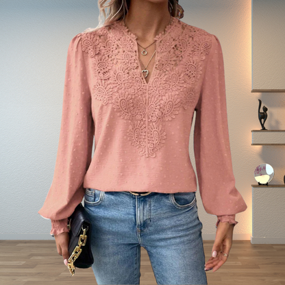 Elegant V Neck Floral Long Sleeve Women's Blouse Top