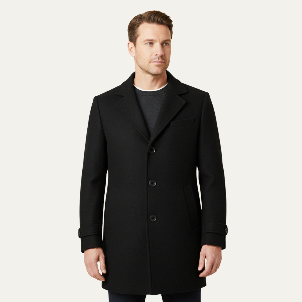 Men's Double Breasted Wool Overcoat Long Black