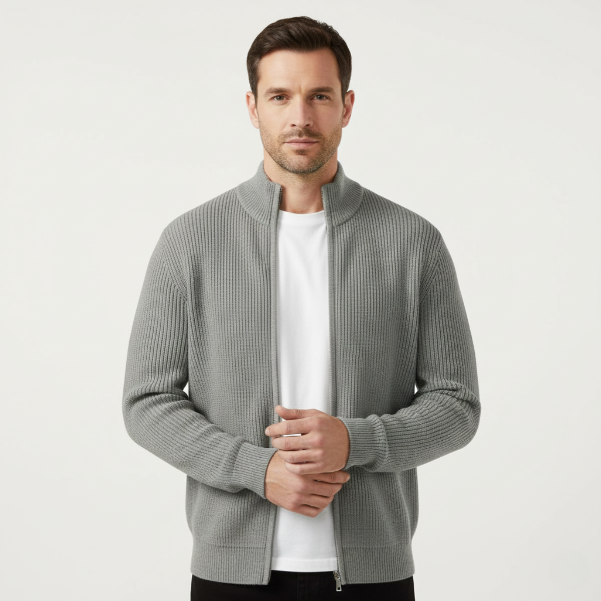 Men's Knit Cardigan Sweater Zip Front Collar Stand