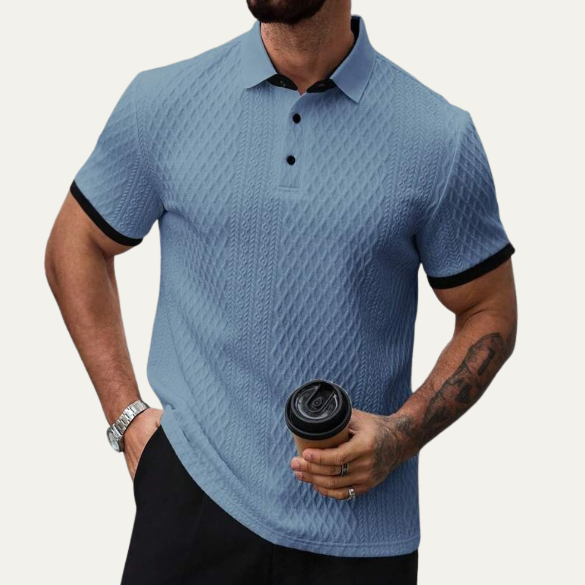 Men's Classic Textured Polo Shirt Contrast Collar