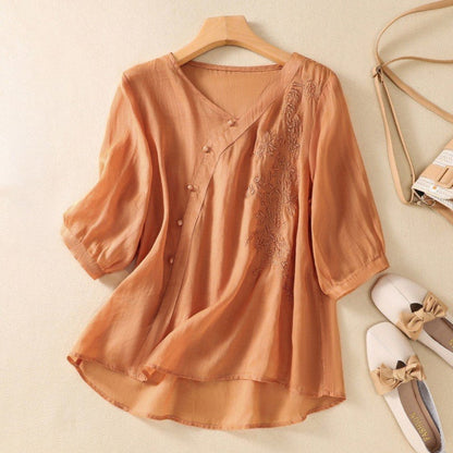 Ladies Classic Embroidered Floral Button Down Shirt