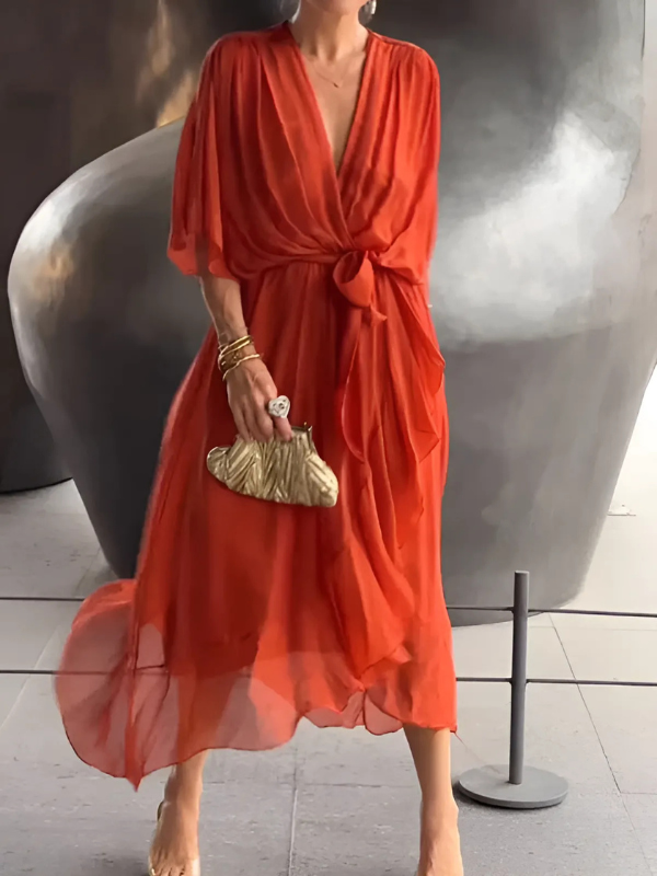 Women's V-Neck Wrap Dress Wide Sleeves Waist Tie