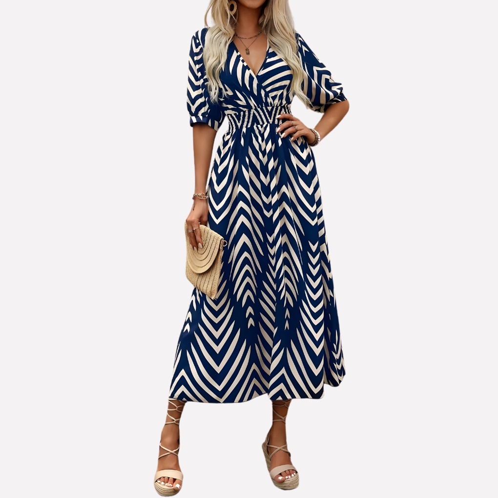 Women's V-Neck Leaf Print Dress - VibreMode