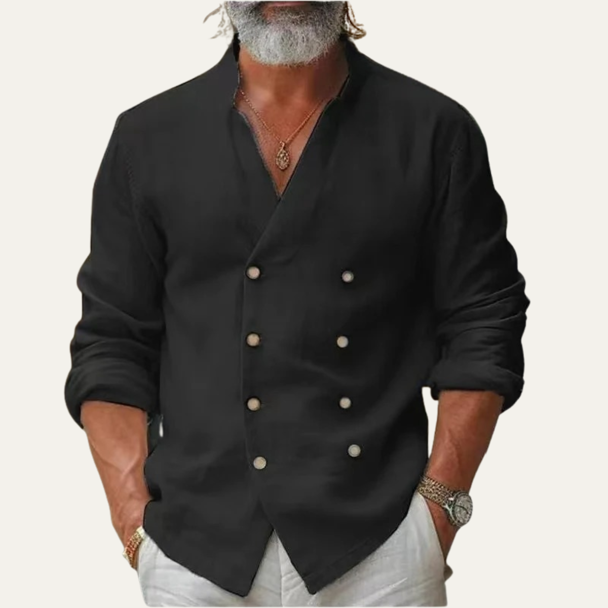Men's Double Breasted Shirt Stand Collar Vintage Style