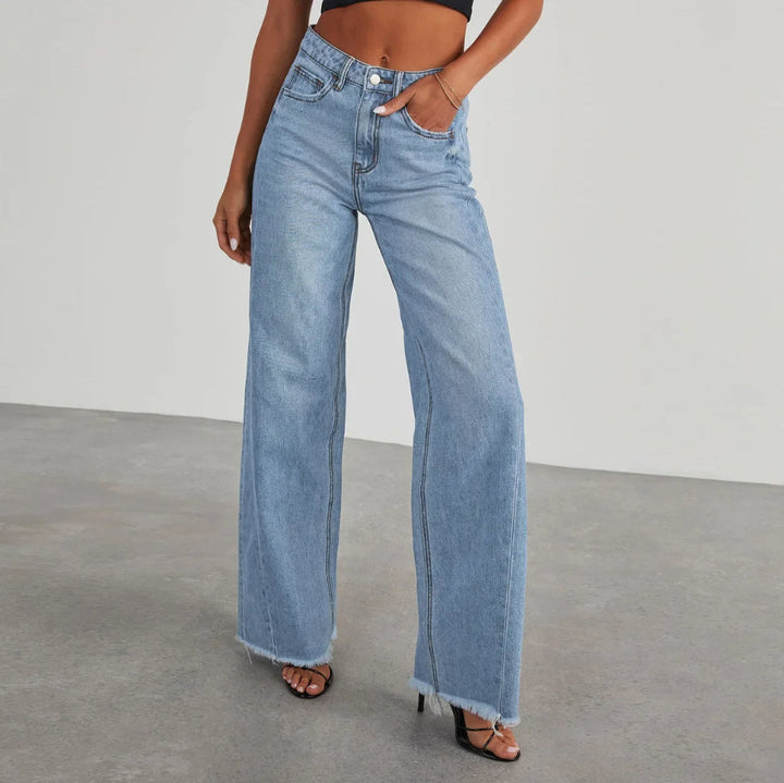 Women's Wide Leg Jeans Frayed Hem Dark Blue