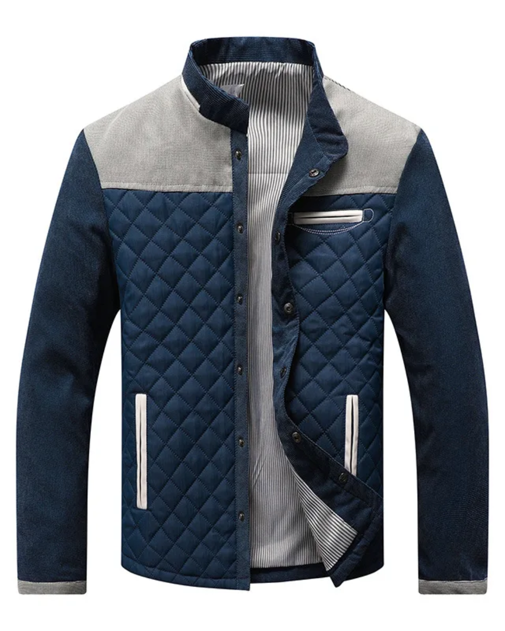 Men's Quilted Snap Jacket Stand-Up Collar Contrast Shoulder Panels