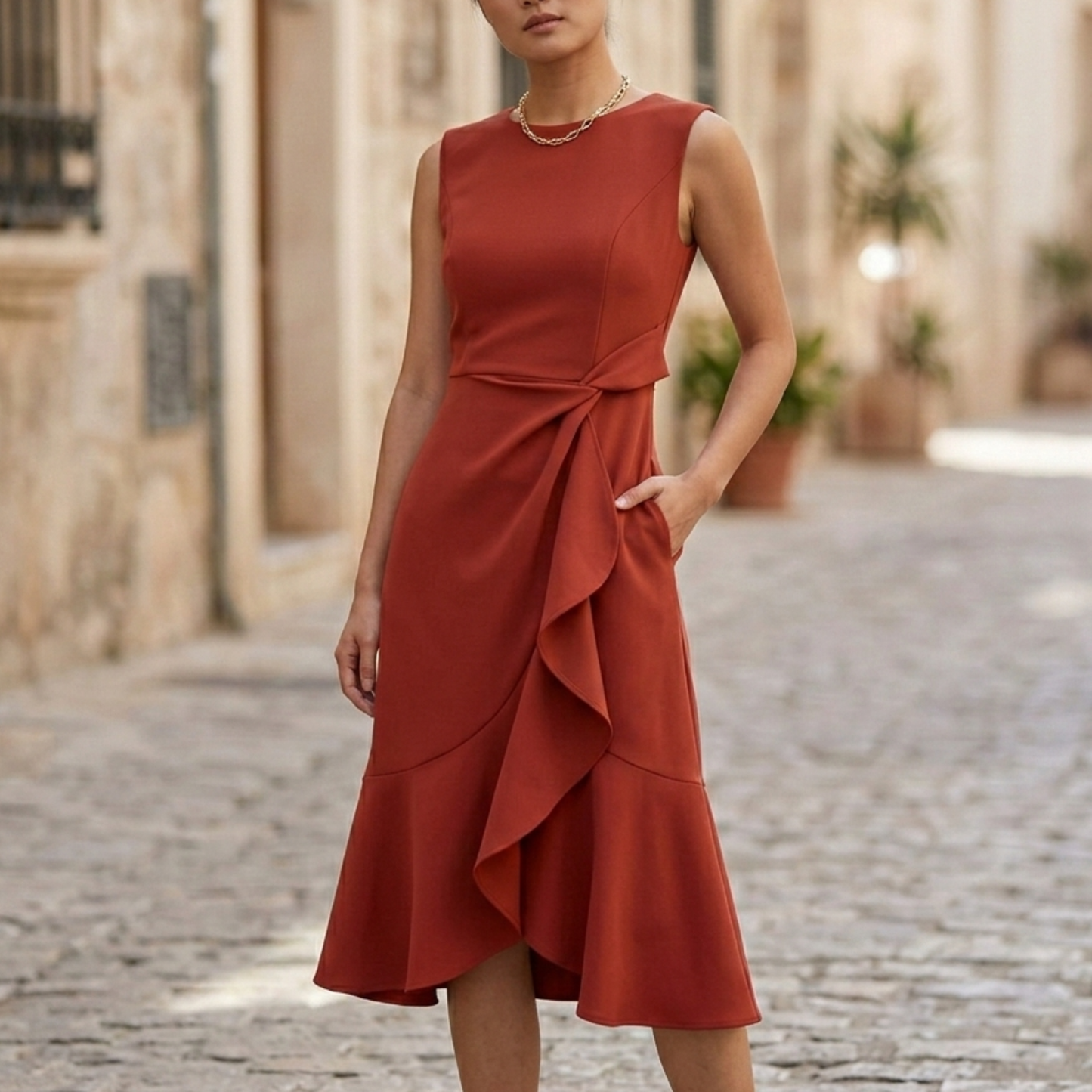 Women’s Sleeveless Ruffle Hem Midi Dress