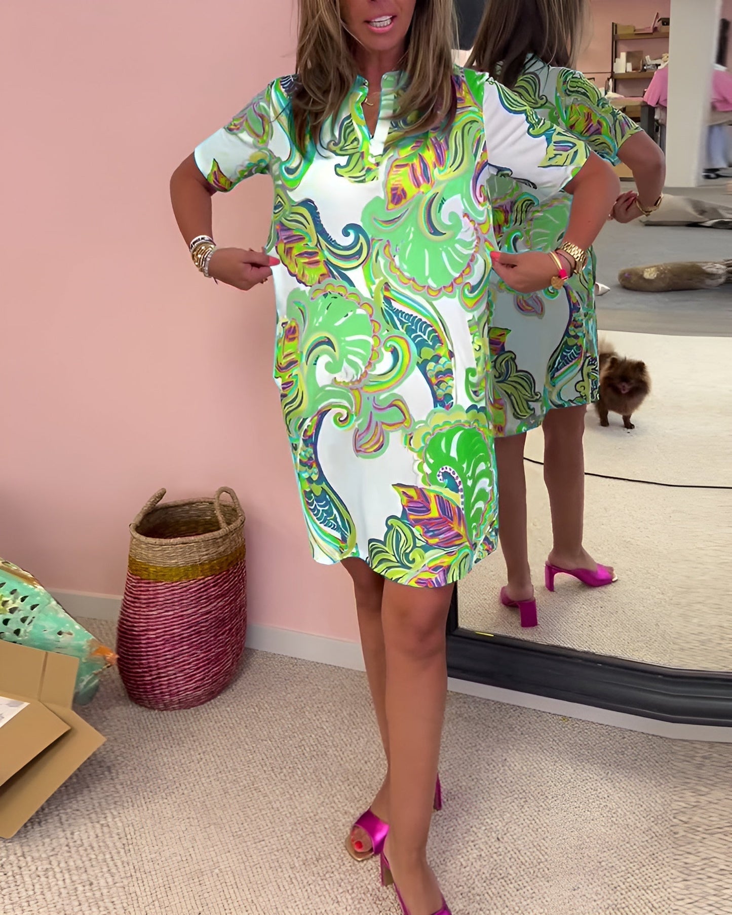 Relaxed Fit V Neck Printed Summer Dress for Women