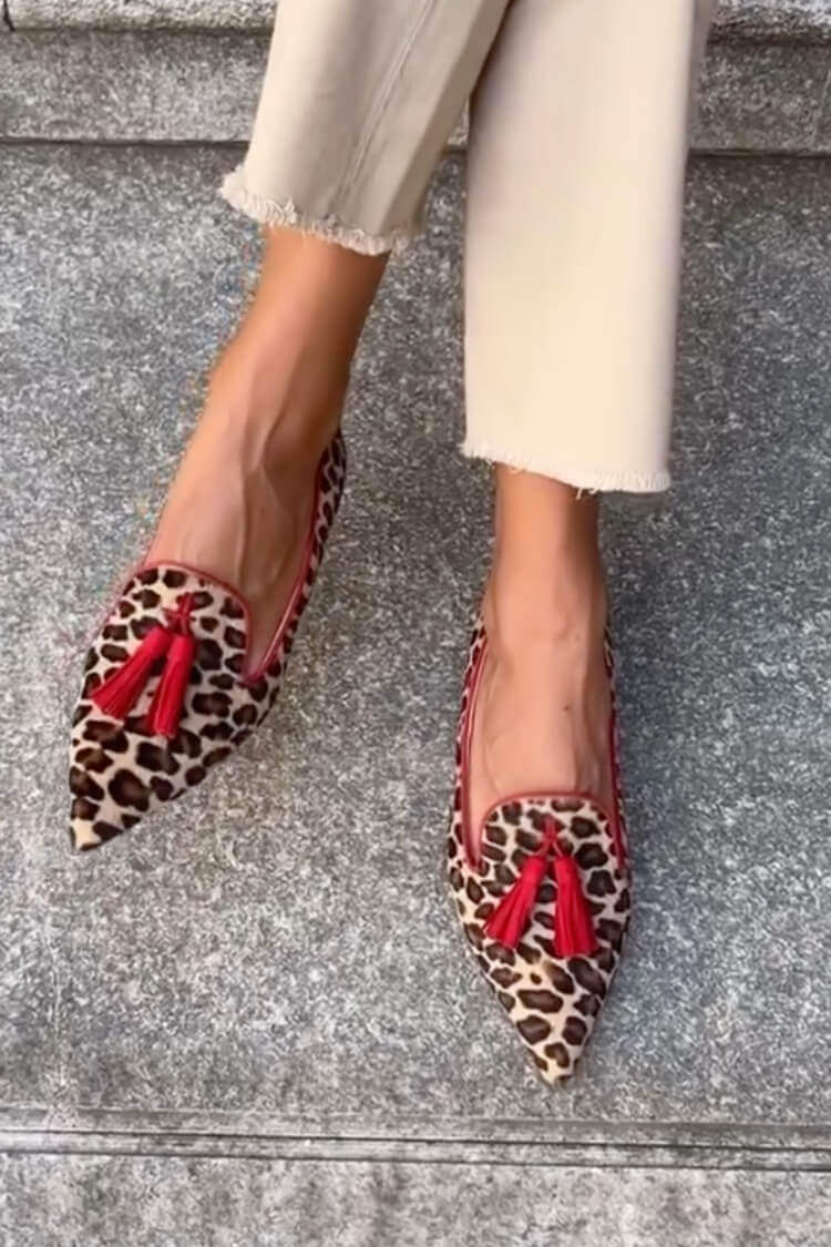 Women's Pointed Loafer Red Tassel Leather Shoes