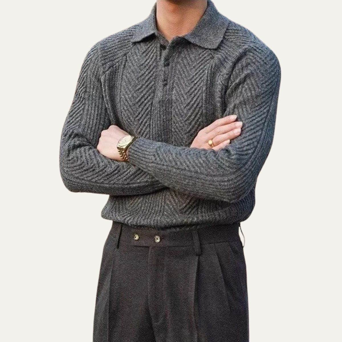 Men's Textured Knit Sweater Turn Down Collar