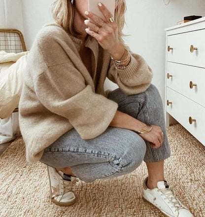 Women's Oversized Cardigan Soft Knit Drop Shoulder Beige