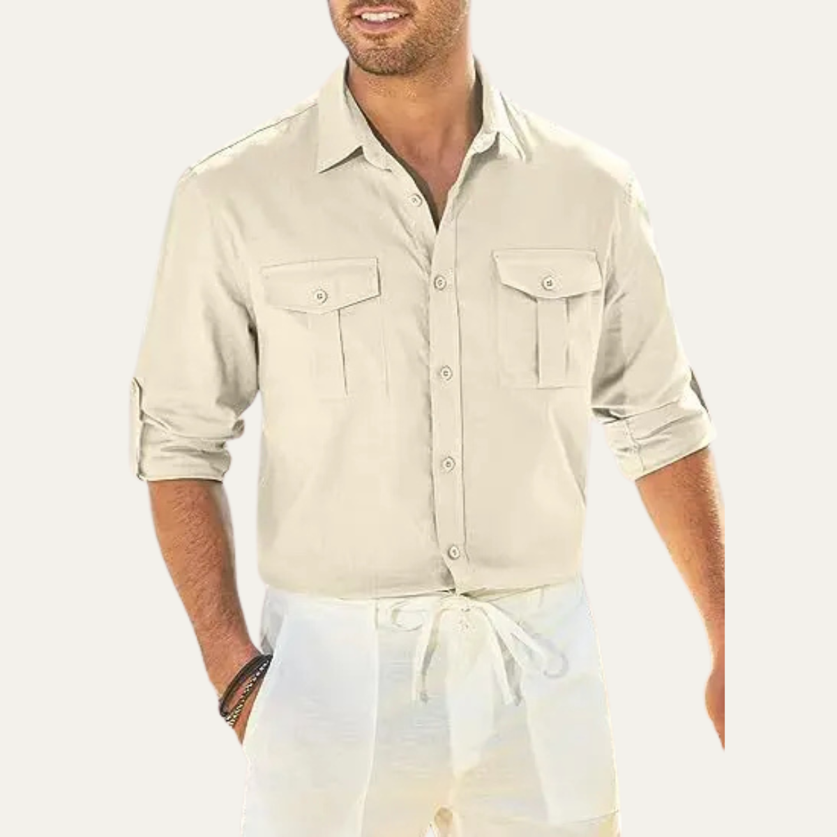 Riccione Men's Cotton Linen Cargo Shirt Double Pocket