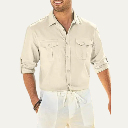 Riccione Men's Cotton Linen Cargo Shirt Double Pocket