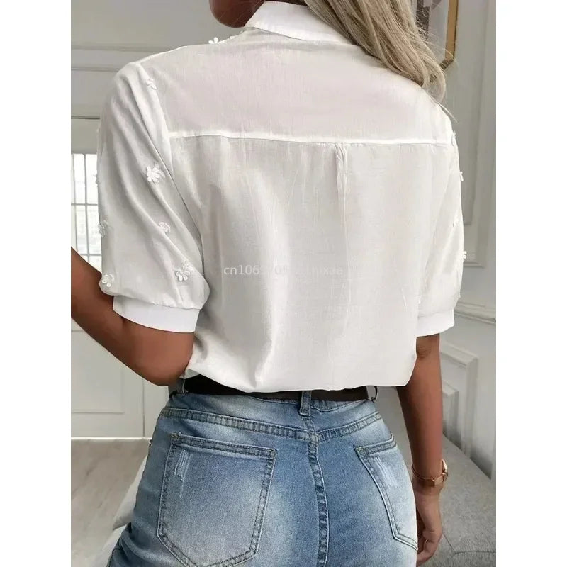 Women's White Embroidered V-Neck Blouse