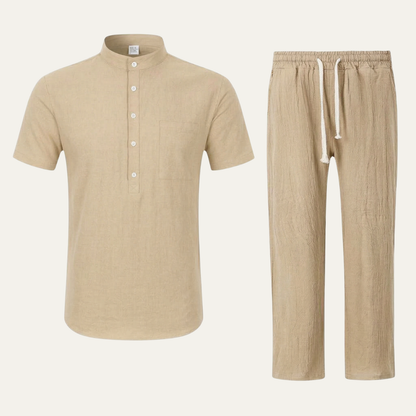 Mens Lightweight Cotton Linen Polo Shirt Pants Set