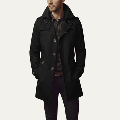 Men's Slim Fit Trench Coat Single Breasted Wool Black