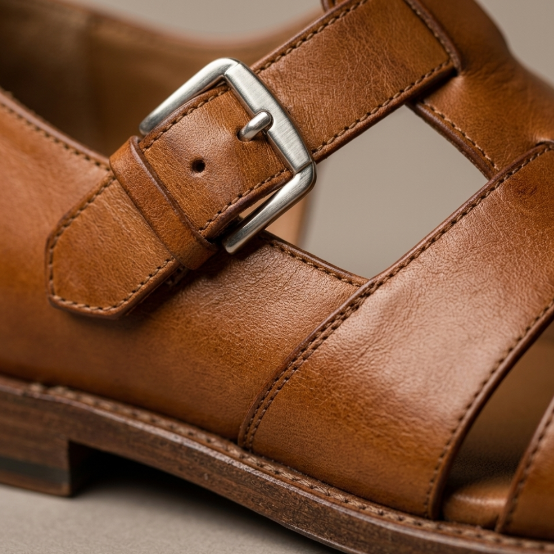 Men’s Leather Sandals Closed Toe Buckle Strap Summer Shoes