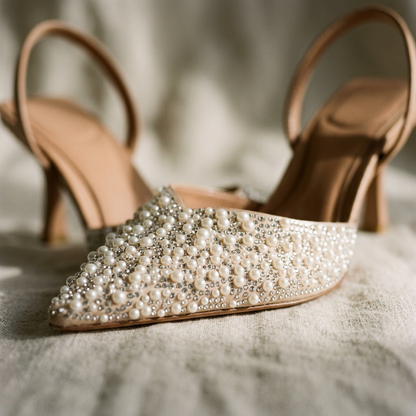 Women's Pointed Toe Slingback Pumps Pearl Rhinestone Embellished