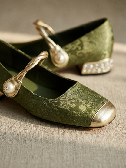 Women's Mary Jane Shoes Metallic Pearl Embellished