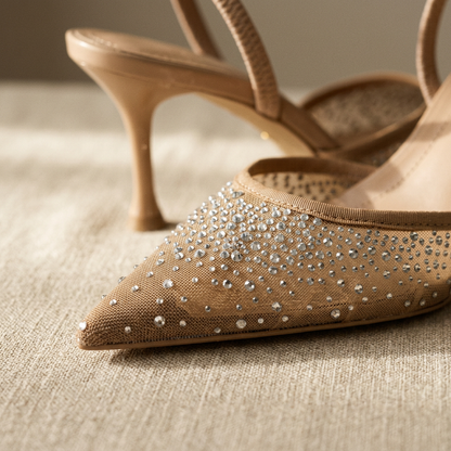 Women's Mesh Stiletto Heels Pointed-Toe Rhinestone Detail