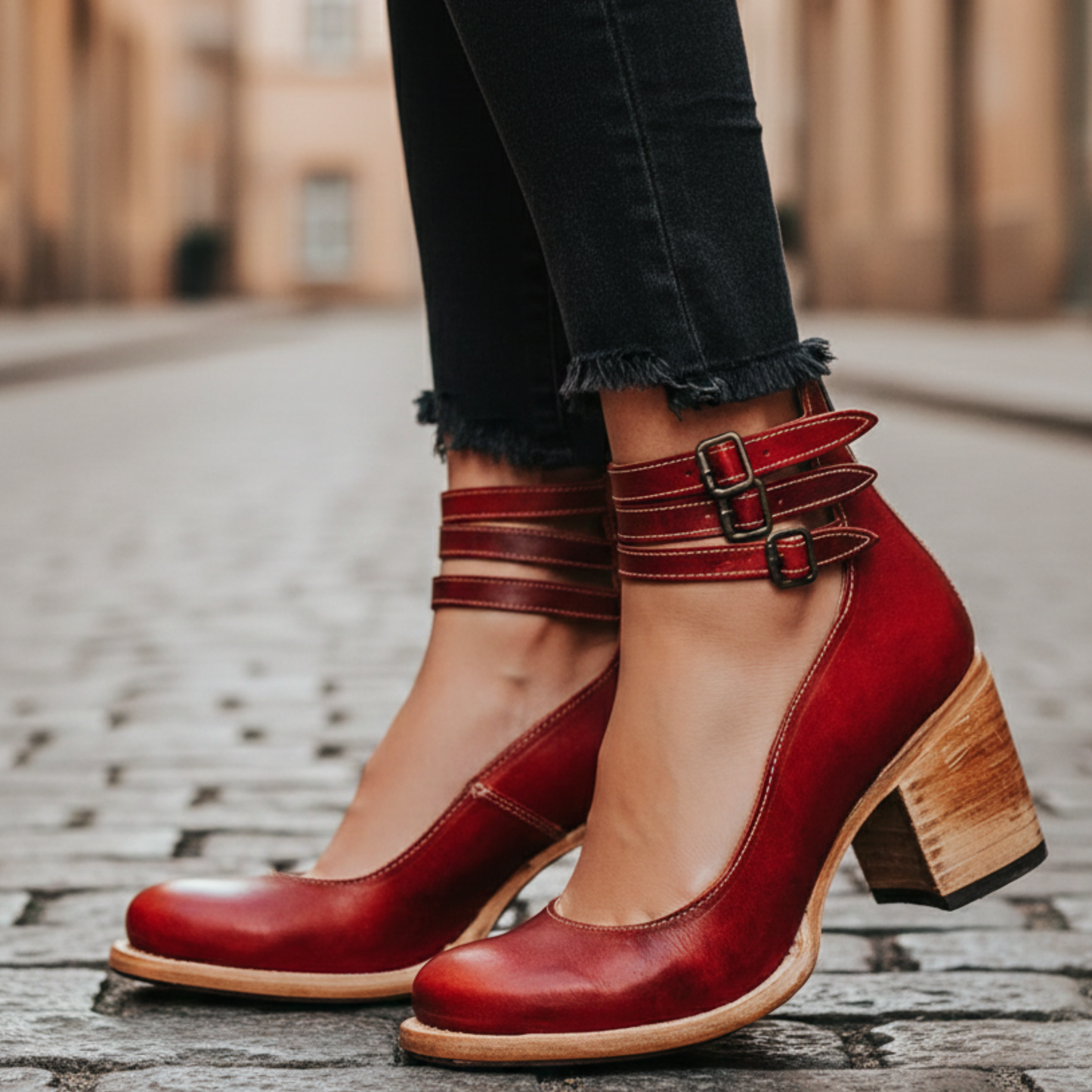 Women’s Block Heel Pumps Ankle Strap Buckle Shoes