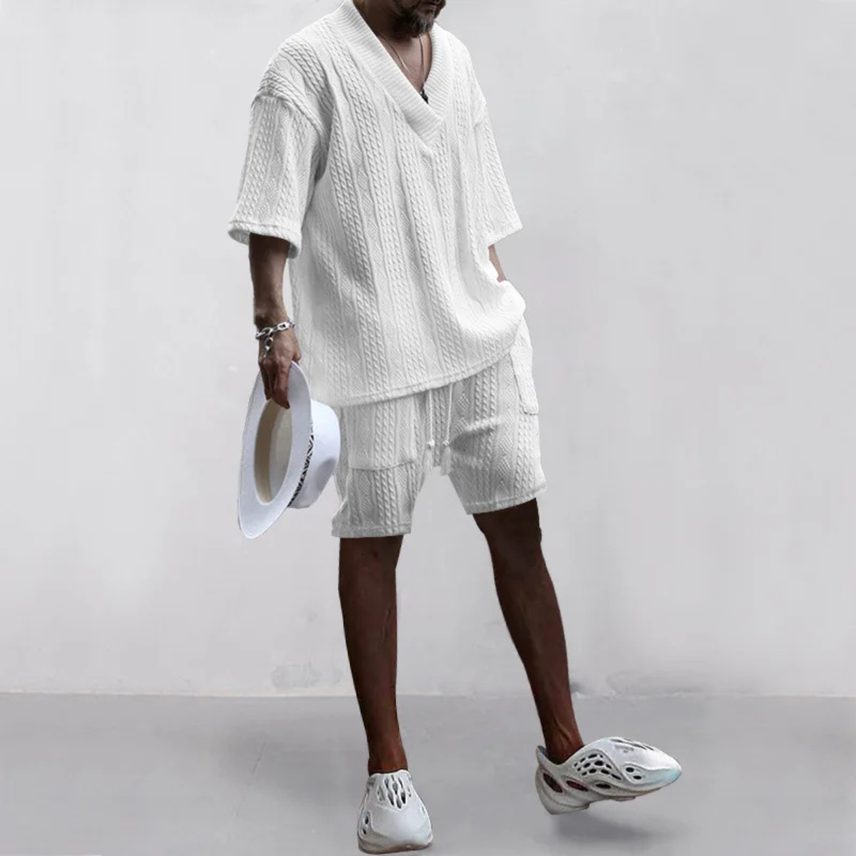Men's Breathable Knitted Polo Shirt And Shorts Set