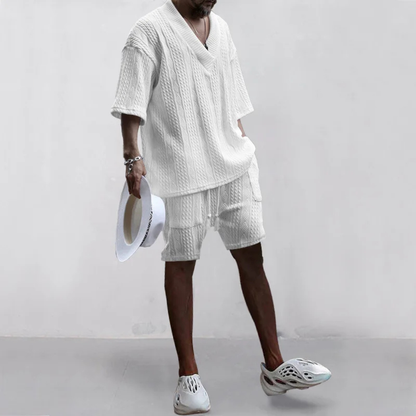 Men's Breathable Knitted Polo Shirt And Shorts Set