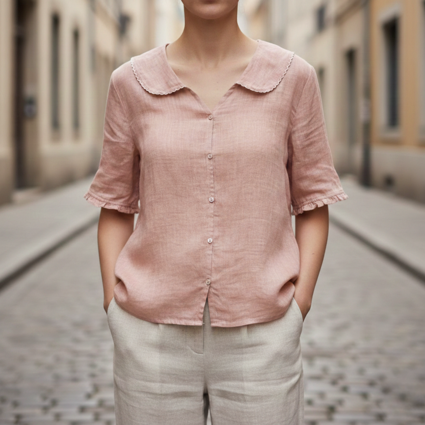 Women’s Button Down Blouse Scalloped Collar Casual Summer Top