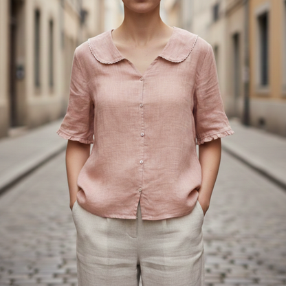 Women’s Button Down Blouse Scalloped Collar Casual Summer Top